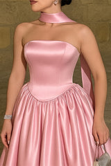 Chic Pink Strapless Sleeveless Stain Prom Dress A-Line Long With Pleats