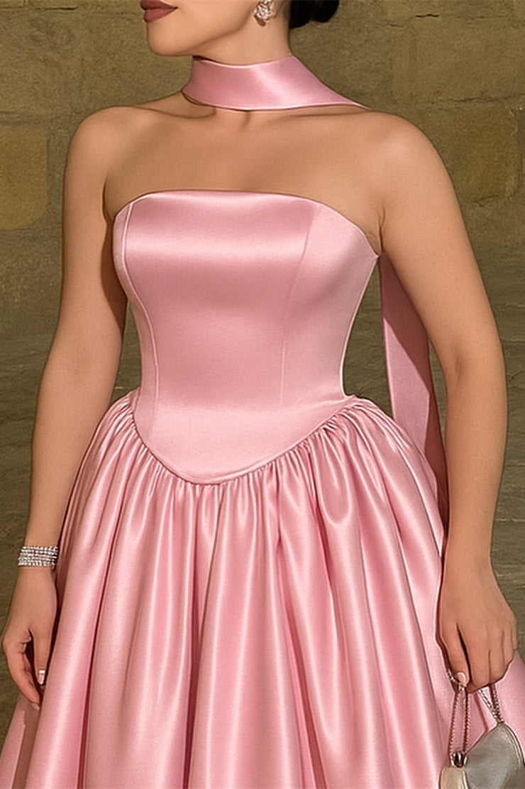 Chic Pink Strapless Sleeveless Stain Prom Dress A-Line Long With Pleats