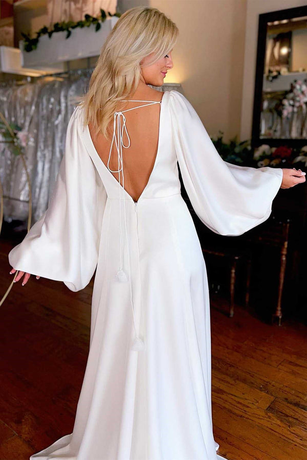 Modern V-Neck Satin Wedding Dresses Long Sleeves Open Back With High Slit