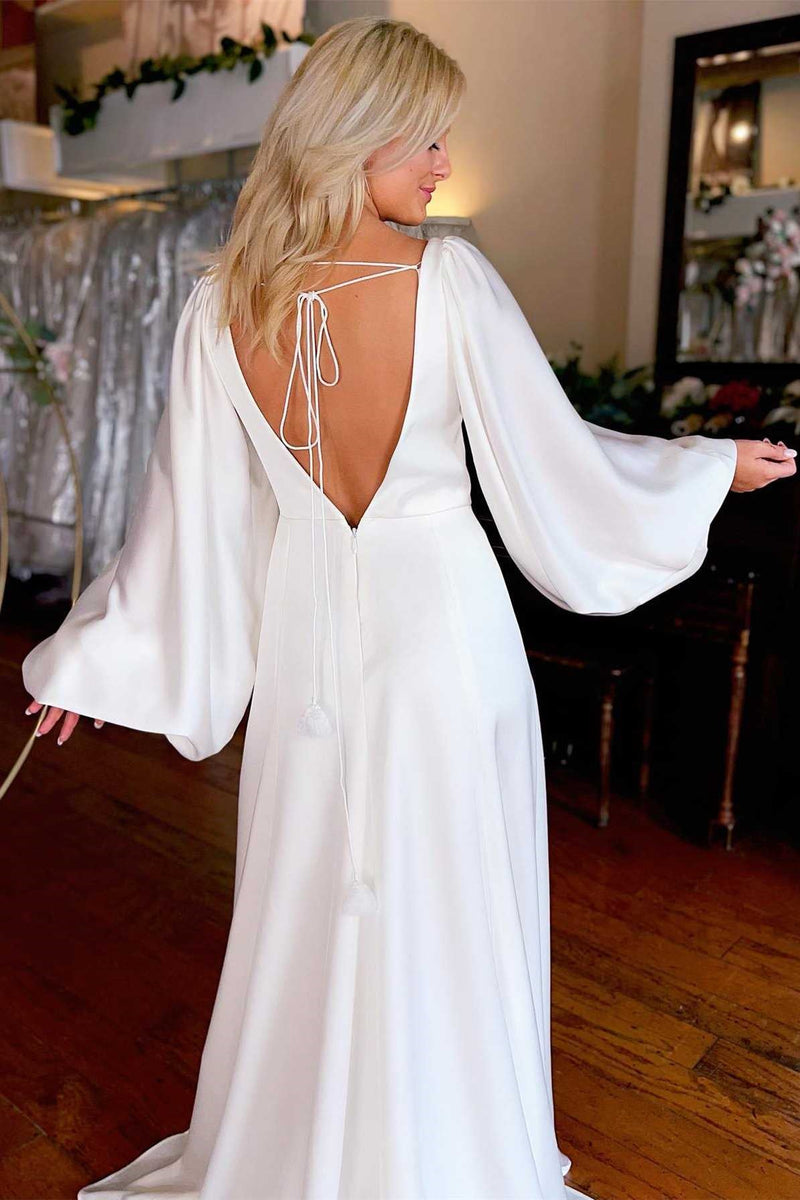 Modern V-Neck Satin Wedding Dresses Long Sleeves Open Back With High Slit