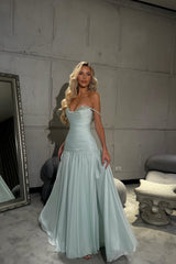 Romantic Off-The-Shoulder Chiffon Sleeveless Prom Dress Beads Pleats With  Zipper