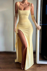 Chic Yellow Square Strap Satin Mermaid Prom Dress Sleeveless High Split With Ruffle Zipper