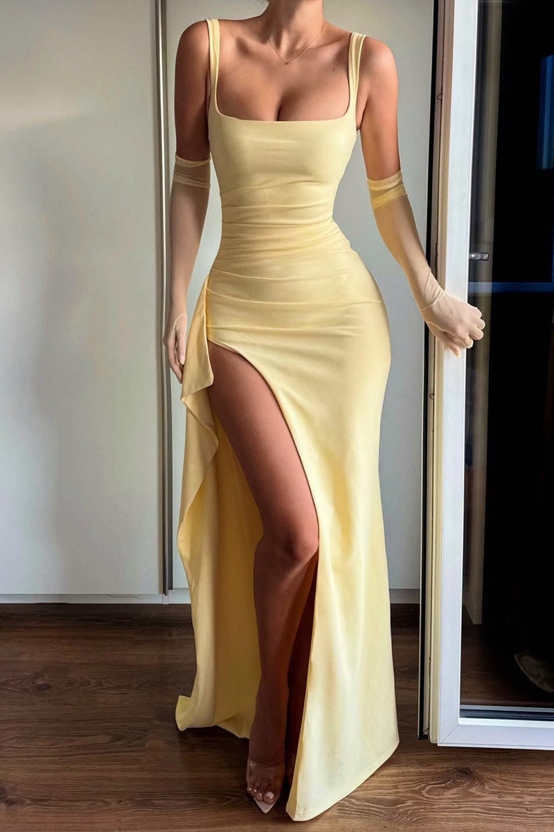 Chic Yellow Square Strap Satin Mermaid Prom Dress Sleeveless High Split With Ruffle Zipper