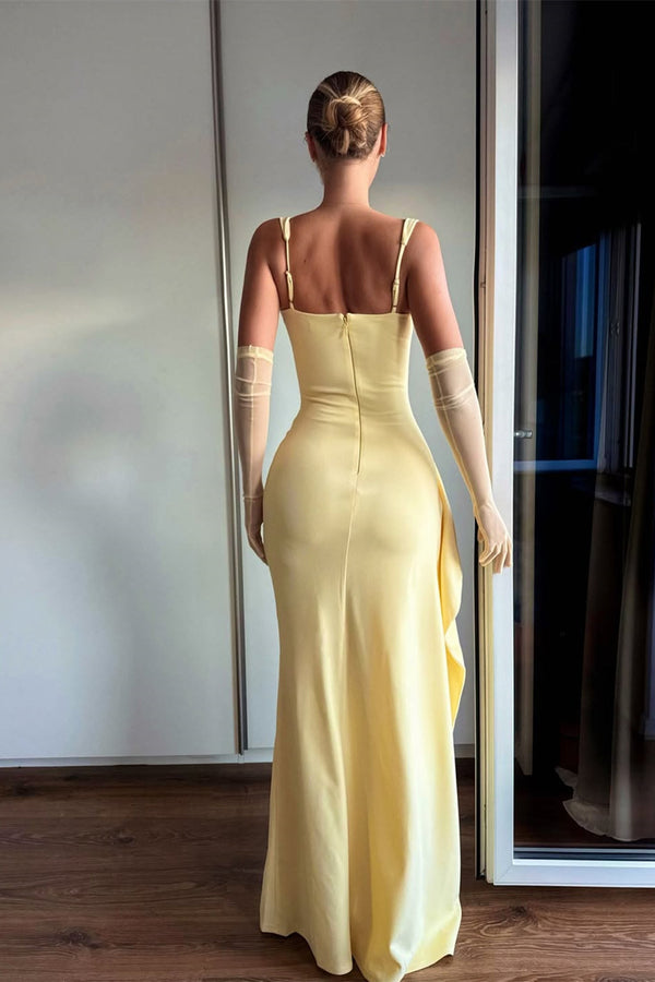 Chic Yellow Square Strap Satin Mermaid Prom Dress Sleeveless High Split With Ruffle Zipper