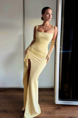 Chic Yellow Square Strap Satin Mermaid Prom Dress Sleeveless High Split With Ruffle Zipper