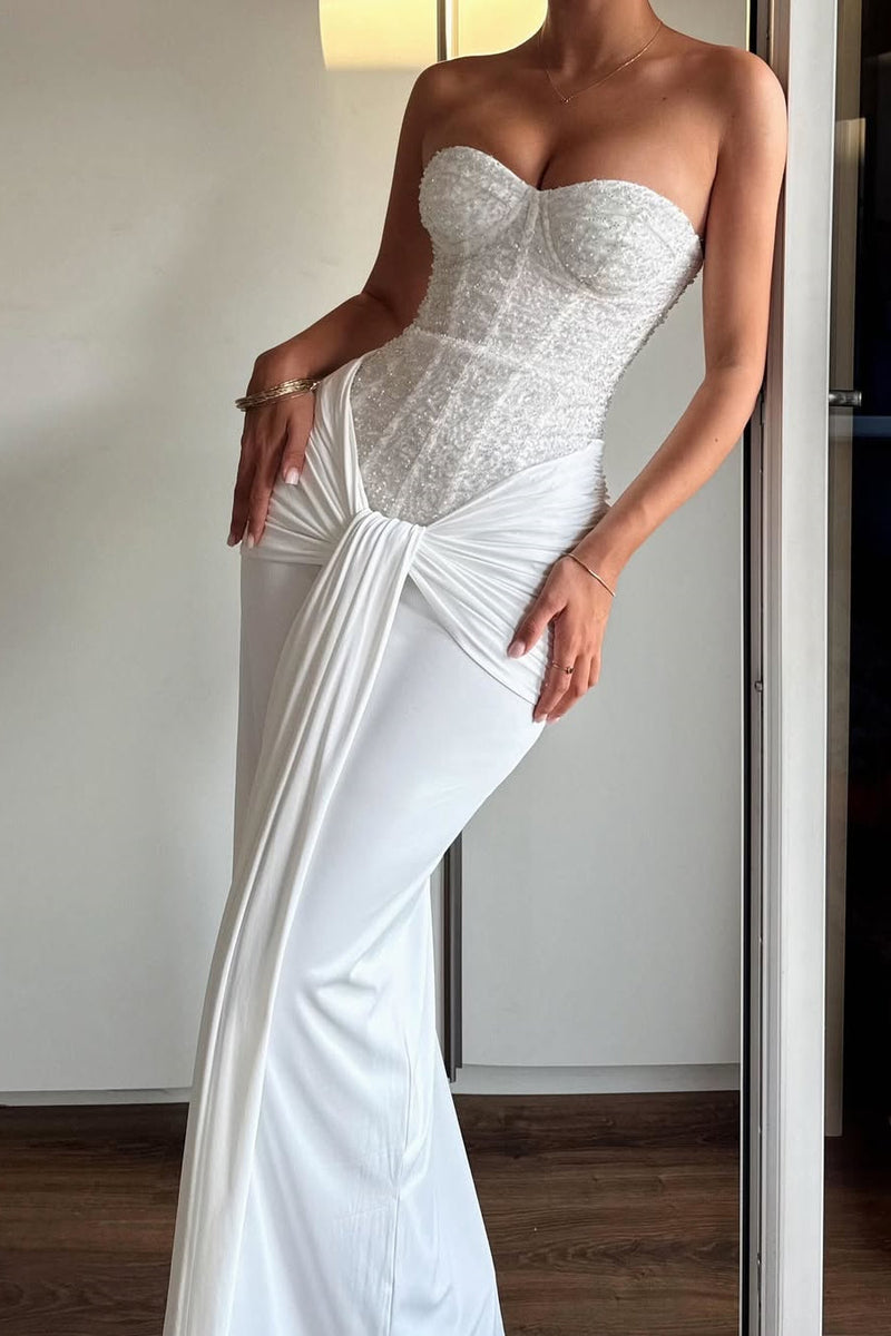 Sparking White Sweetheart Strapless Sleeveless Prom Dress Mermaid Beads Pleats With Zipper