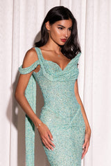 Dazzling Asymmetrical One Shoulder Mermaid Prom Dresses Sleeveless Sequins With Ribbon Pleats