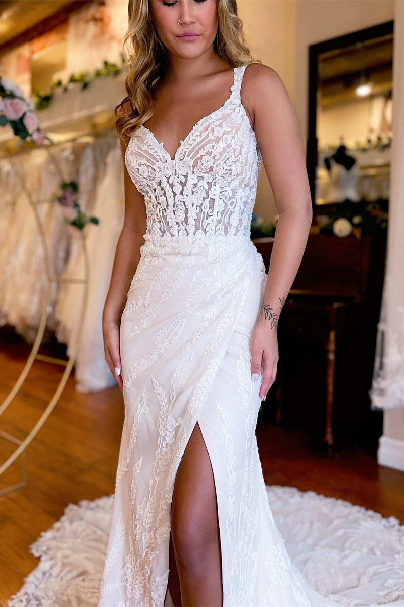 Gorgeous V-Neck Sleeveless Straps Mermaid Wedding Dresses High Slit With Appliques Lace