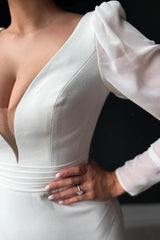 Exquisite V-Neck Long Sleeves Satin Wedding Dresses Mermaid Long Open Back With Buttons Pleats