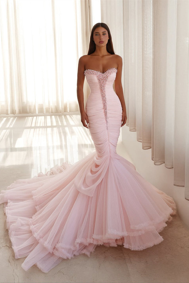 Charming Pink Sweetheart Strapless Tulle Prom Dress Sleeveless Mermaid With Pearl Pleats