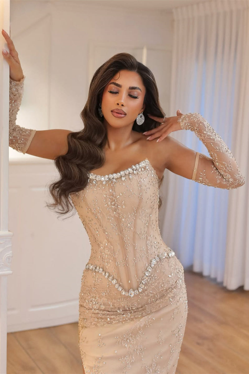 Elegant Strapless Gem Prom Dresses Detachable Sleeves Side Split With Beads