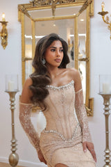 Elegant Strapless Gem Prom Dresses Detachable Sleeves Side Split With Beads