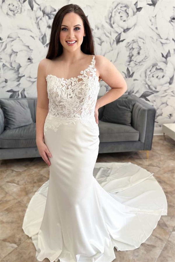 Popular Asymmetrical Scoop Sleeveless Wedding Dresses Satin Mermaid With Appliques Lace