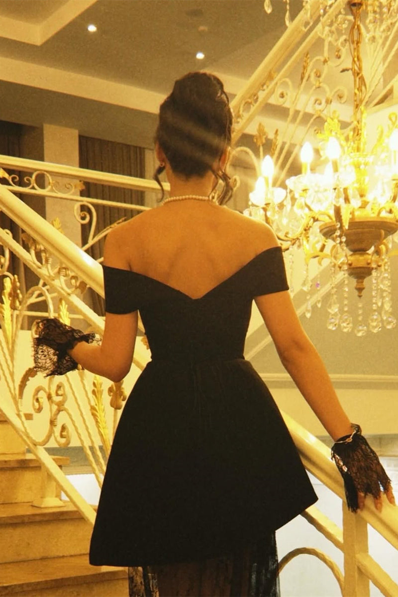 Luxury Black Off-The-Shoulder A-Line Satin Prom Dress Sleeveless Lace With Zipper