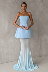 Gorgeous Ice Blue Strapless Satin Prom Dresses Sleeveless Long Lace-Up Back With Pleats