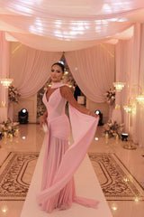 Chic Pink V-Neck Strapless Chiffon Sleeveless Prom Dresses Long With Pleats