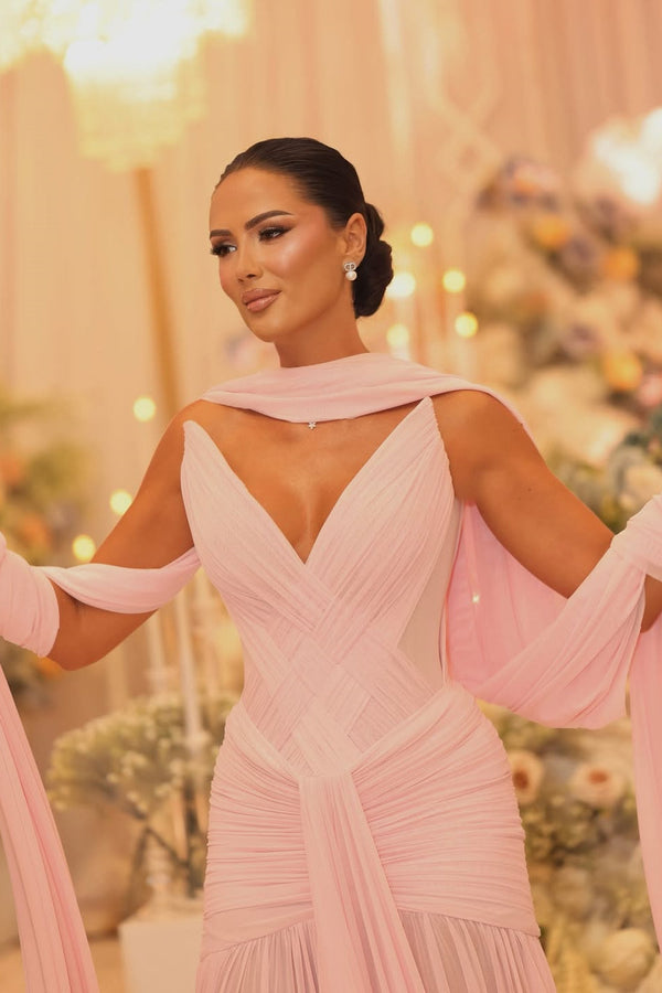 Chic Pink V-Neck Strapless Chiffon Sleeveless Prom Dresses Long With Pleats