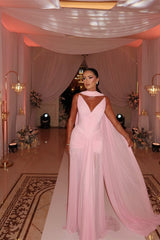 Chic Pink V-Neck Strapless Chiffon Sleeveless Prom Dresses Long With Pleats