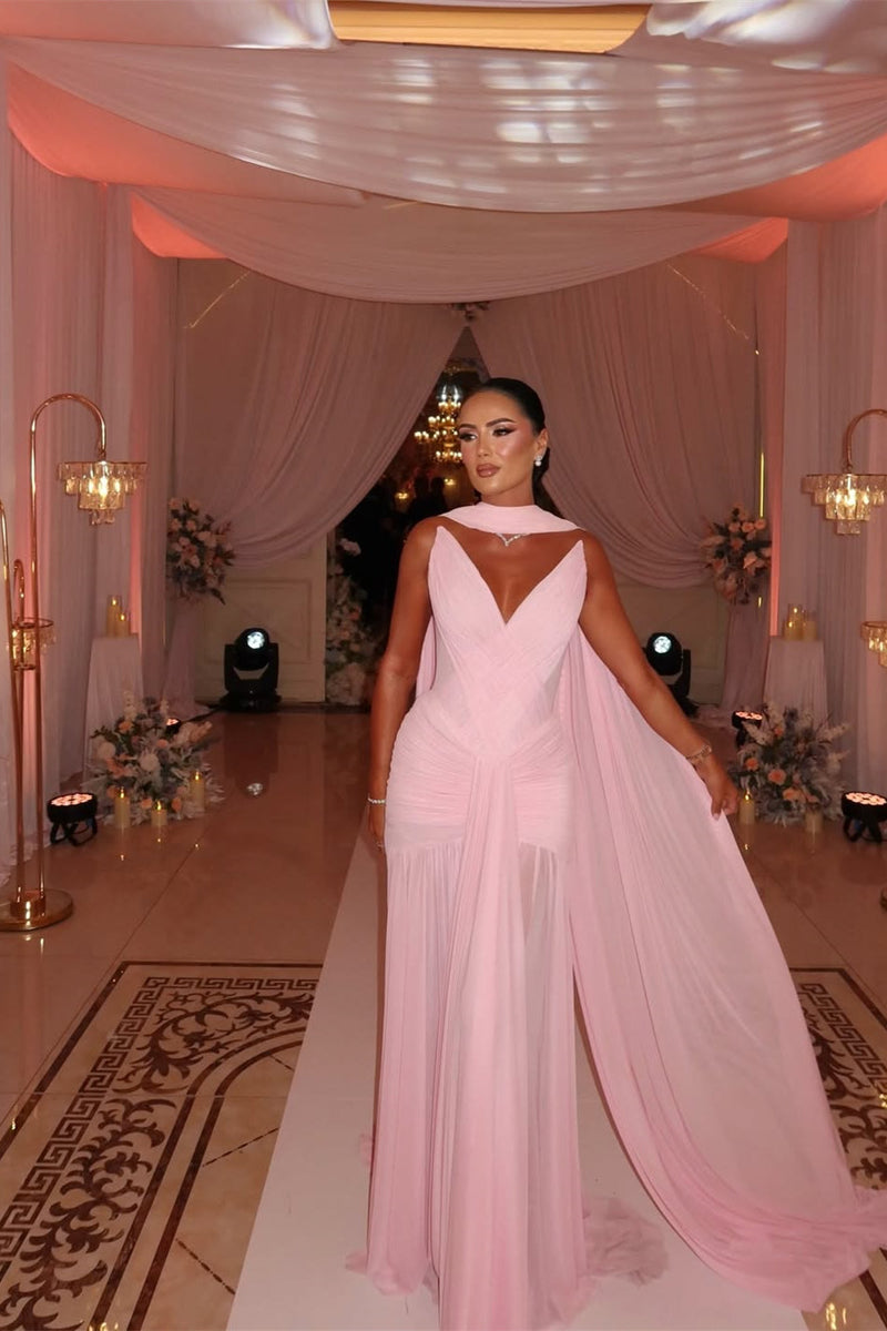 Chic Pink V-Neck Strapless Chiffon Sleeveless Prom Dresses Long With Pleats