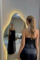 Charming Black Strapless Satin Prom Dresses Sleeveless Mermaid With Lace-Up Back Ruffle