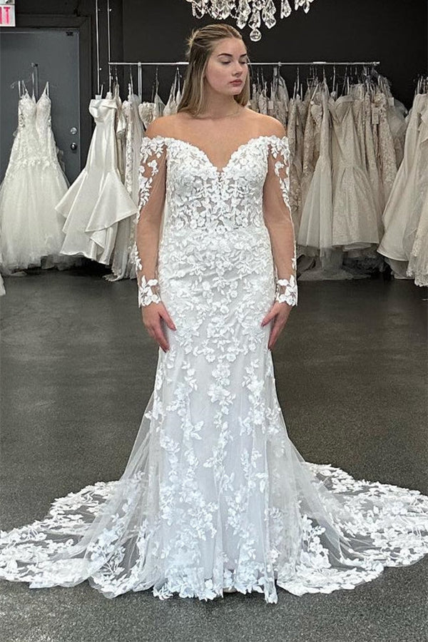 Charming Sweetheart Off-The-Shoulder Mermaid Wedding Dresses Long Sleeves Sheath Appliques Lace On Sale