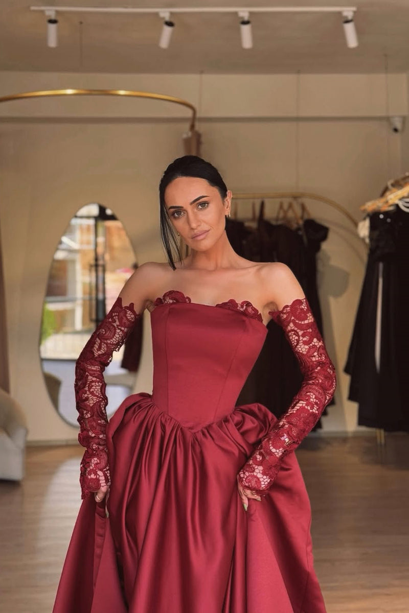 Luxury Burgundy Strapless A-Line Satin Prom Dresses Detachable Sleeves With Pleats