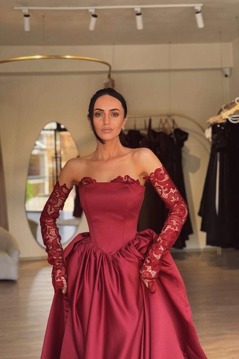 Luxury Burgundy Strapless A-Line Satin Prom Dresses Detachable Sleeves With Pleats