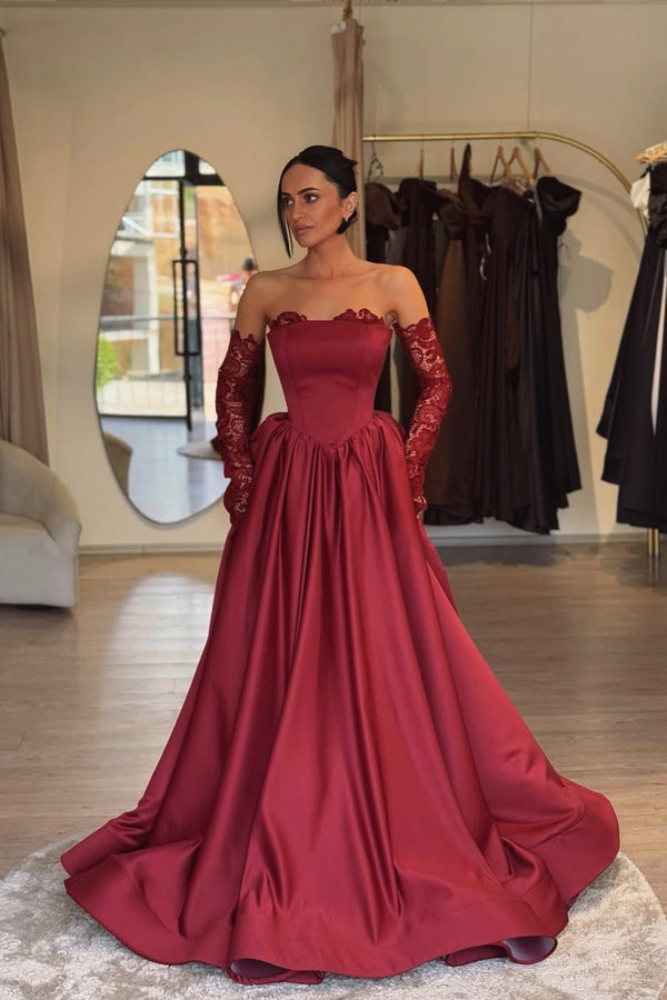Luxury Burgundy Strapless A-Line Satin Prom Dresses Detachable Sleeves With Pleats