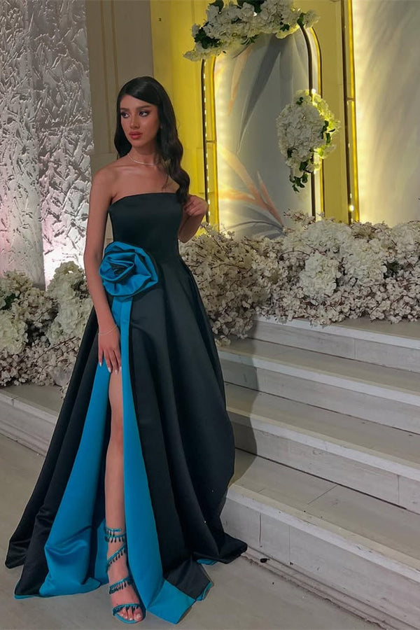 Elegant Black Strapless Sleeveless Satin Prom Dress A-Line High Split With Flower