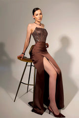Sparking Chocolate Strapless Mermaid Prom Dresses Sleeveless High Split With Beads