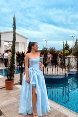 Pretty Sky Blue Strapless Sleeveless Prom Dresses Side Split Long With Pleats