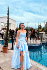 Pretty Sky Blue Strapless Sleeveless Prom Dresses Side Split Long With Pleats