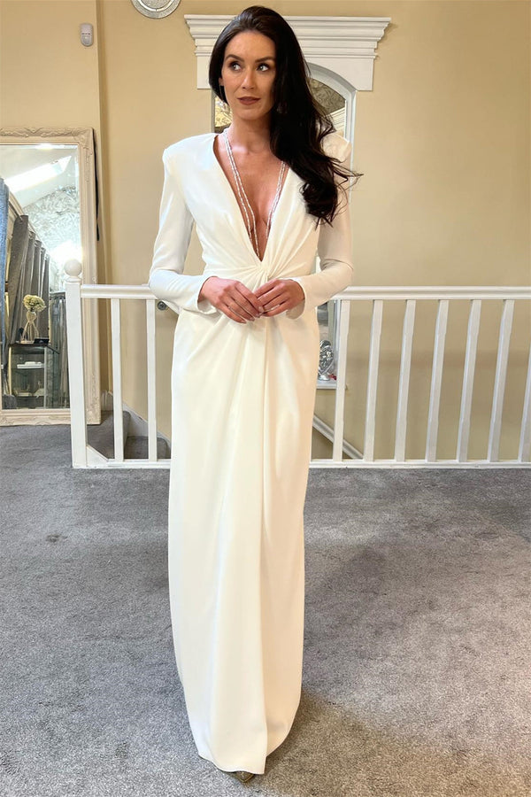 Classy Long Sleeves Satin V-Neck Wedding Dresses High Slit With Pleats
