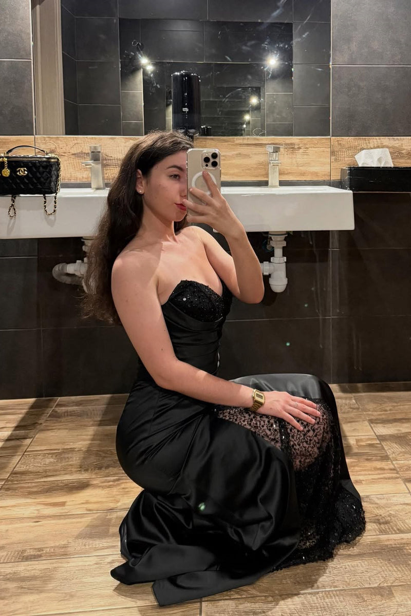 Charming Black Sweetheart Strapless Sleeveless Prom Dress Sequins Sheath With Beads