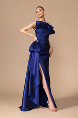 Luxury Royal Blue Strapless A-line Satin Prom Dress Sleeveless Side Split With Lace-Up Back