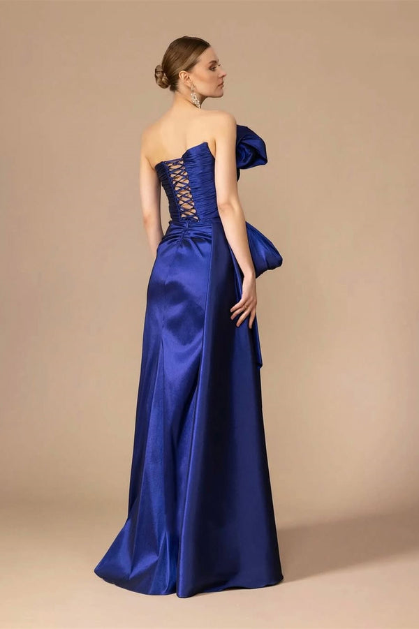 Luxury Royal Blue Strapless A-line Satin Prom Dress Sleeveless Side Split With Lace-Up Back