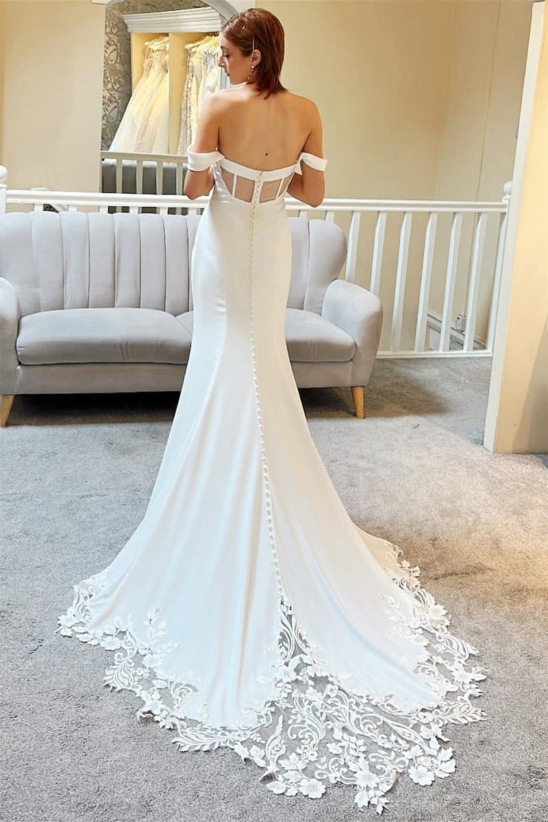 Elegant Sweetheart Off-The-Shoulder Satin Wedding Dress Mermaid Sleeveless Open Back With Appliques Lace