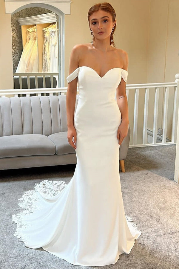 Elegant Sweetheart Off-The-Shoulder Satin Wedding Dress Mermaid Sleeveless Open Back With Appliques Lace