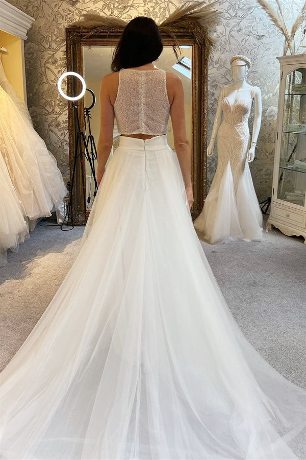 Dazzling Tulle Sleeveless A-Line Wedding Dresses Two Pieces Long With Sequins