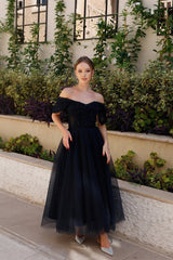 Gorgeous Navy Blue Off-The-Shoulder Tulle Prom Dress Sleeveless A-Line Beads With Zipper