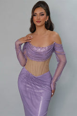 Romantic Lilac Strapless Long Sleeves Prom Dresses Mermaid Gem With Pleats