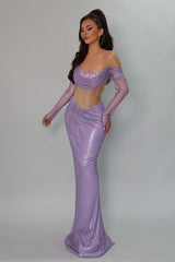 Romantic Lilac Strapless Long Sleeves Prom Dresses Mermaid Gem With Pleats