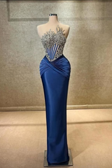 Dazzling Royal Blue Strapless Sleeveless Mermaid Prom Dresses Column Gem With Beads