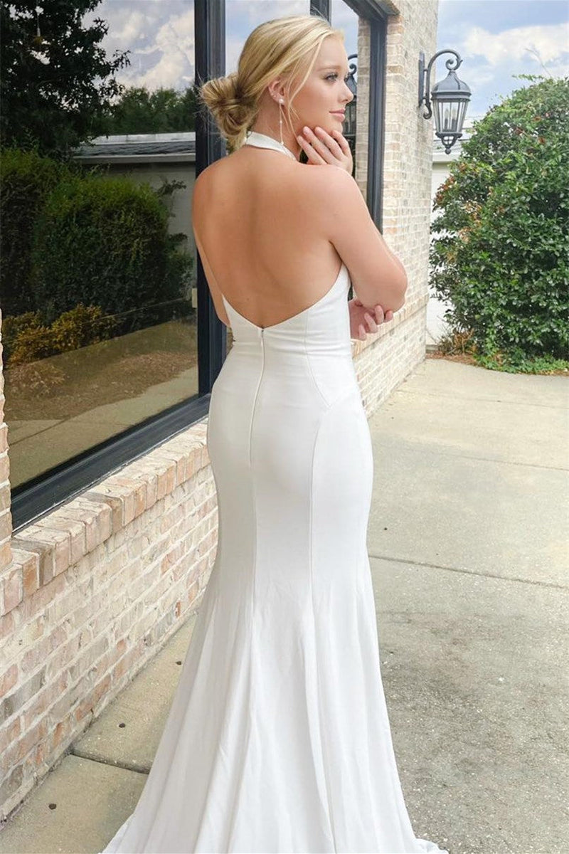 Pretty Halter Satin Sleeveless Mermaid Wedding Dresses Open Back With High Slit