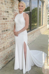 Pretty Halter Satin Sleeveless Mermaid Wedding Dresses Open Back With High Slit