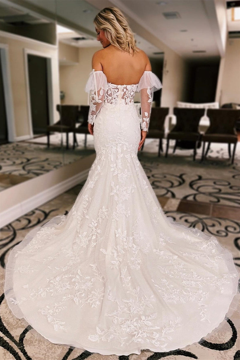 Charming Strapless Mermaid Tulle Wedding Dress Open Back Lace Appliques With Detachable Long Sleeves