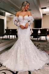 Charming Strapless Mermaid Tulle Wedding Dress Open Back Lace Appliques With Detachable Long Sleeves