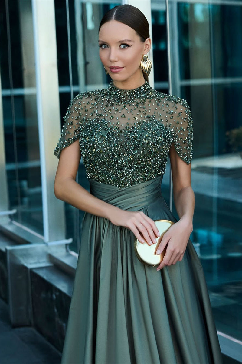 Chic Dark Green High Collar Satin A-Line Prom Dresses Short Sleeves Beading With Pleats