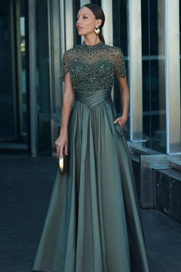 Chic Dark Green High Collar Satin A-Line Prom Dresses Short Sleeves Beading With Pleats