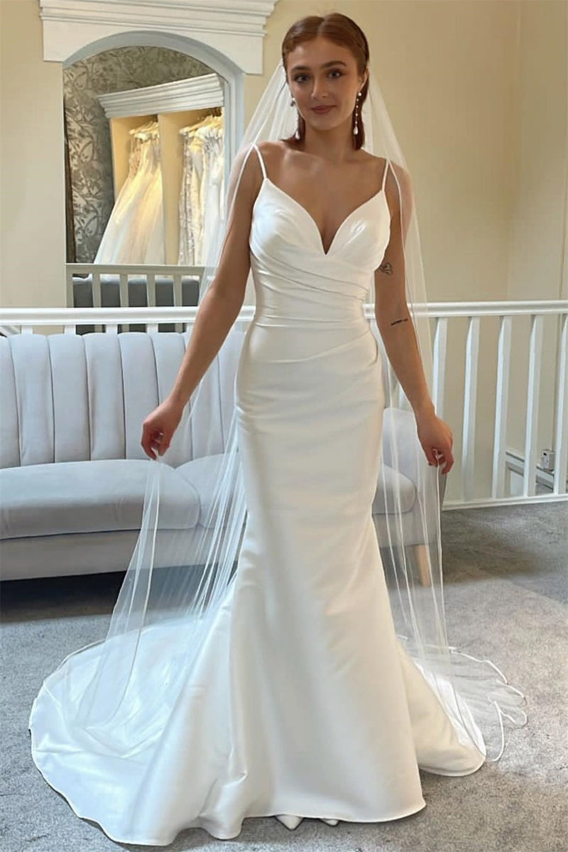 Gorgeous Satin Mermaid Wedding Dresses Spaghetti-Straps V-Neck Sleeveless Open Back With Buttons